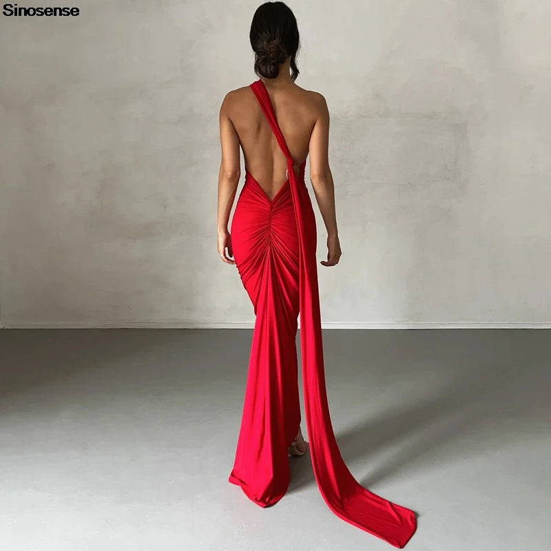 Vestido Longo de Cocktail Elegante Feminino para Festa, Costas Nuas, Abertura Costas, Com Pregas, Justo, Formal para Convidadas de Casamento