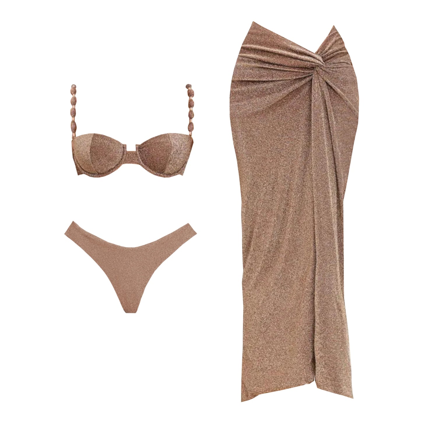 Conjunto de 3 peças de maiô push up com saia longa, sexy, moda feminina, biquíni com decote em V, macacão brilhante, roupa de banho e cobertor de praia.
