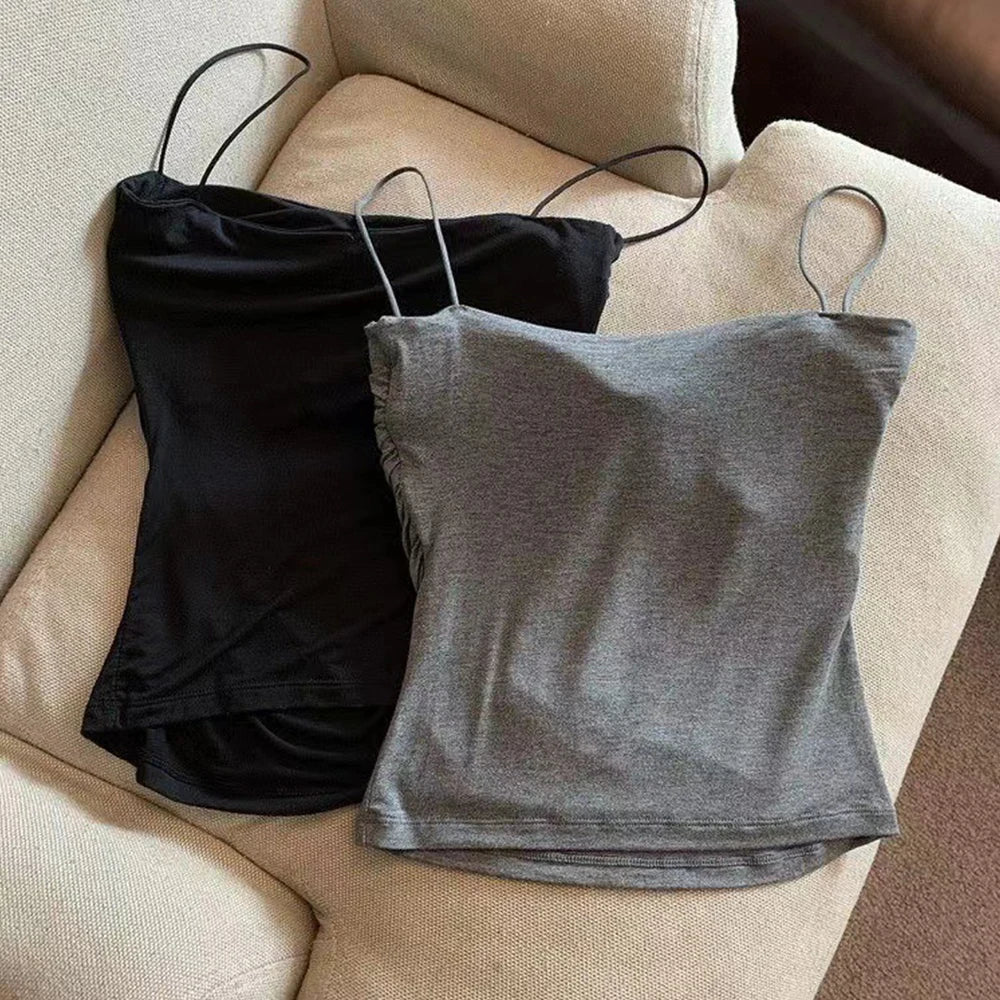 Camisetas Regatas de Verão para Mulheres com Sutiã Embutido, Regatas de Alça Fina, Top Cropped, Tecido Casual de Cor Sólida