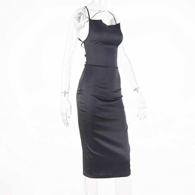 Vestido Midi Longo de Renda Cetim Neon Rosa Claro com Amarração nas Costas, Elegante, Sexy para Festas e Clubes, Roupas de Jantar de Verão 2022