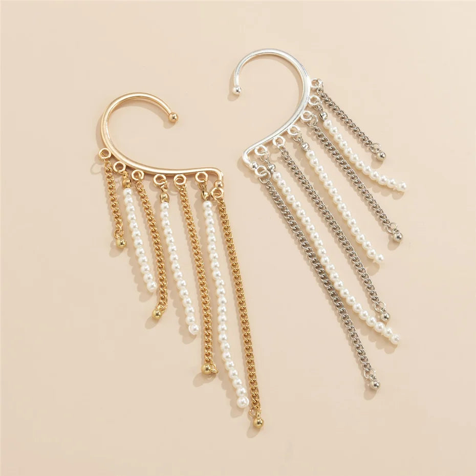 Brinco de Clip Geométrico com Pérolas Imitadas Ingemark Long Tassel Sem Perfurar Para Orelha Cuff Cartilagem Elegante Feminino Joia
