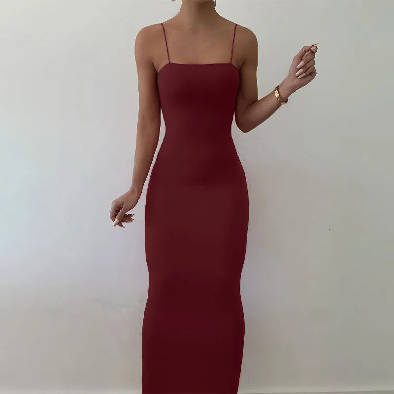 Vestido Preto Sexy de Verão para Mulheres Moda de Rua Sem Mangas Costas Expostas Liso com Alças Finas Justo Casual Roupas de Festa Elegantes