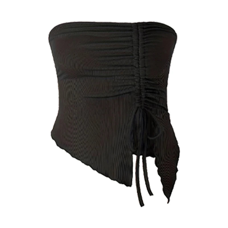 Top feminino sexy vermelho de Dia dos Namorados com decote assimétrico, manga única, fenda jovem e estilo ins, ajustável na cintura.