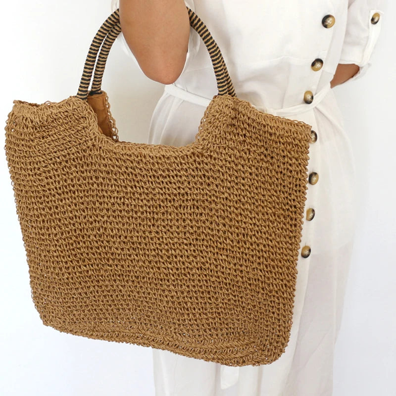 Women Beach Vintage Handmade Woven Shoulder Bag Raffia Rattan Shopping Bags Bohemian Ladies Summer Travel Vacation Casual Totes