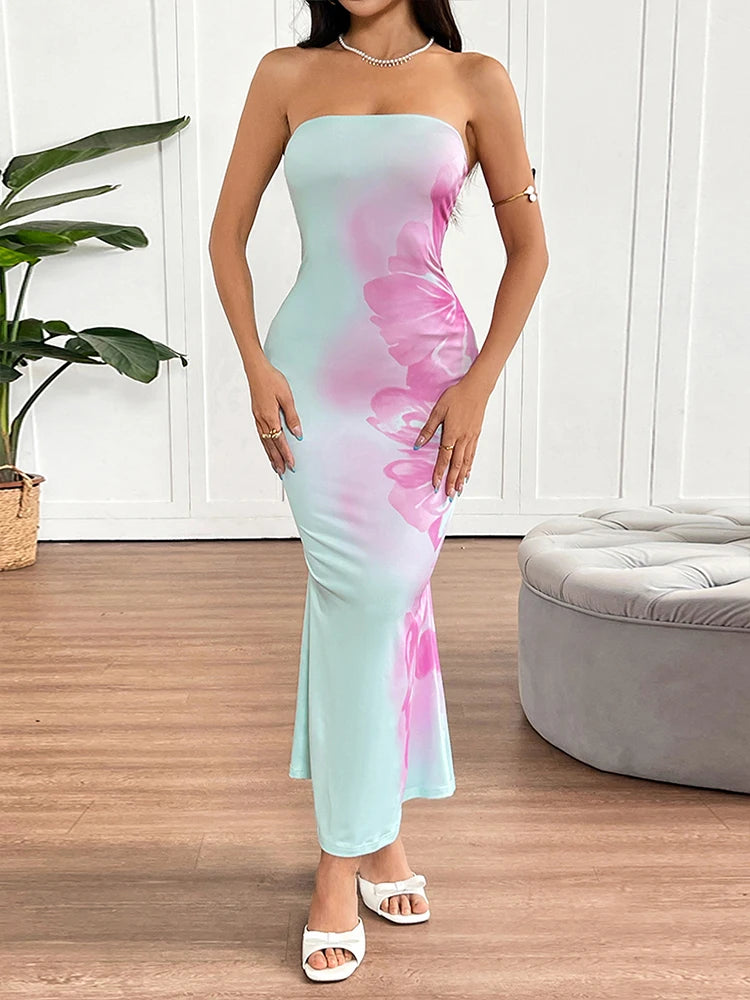 Vestidos de Verão Femininos Nova Moda Streetwear Impressão Casual Vestido Maxi Slim Sexy Elegante Feminino Costas Nua Sem Alças Roupas