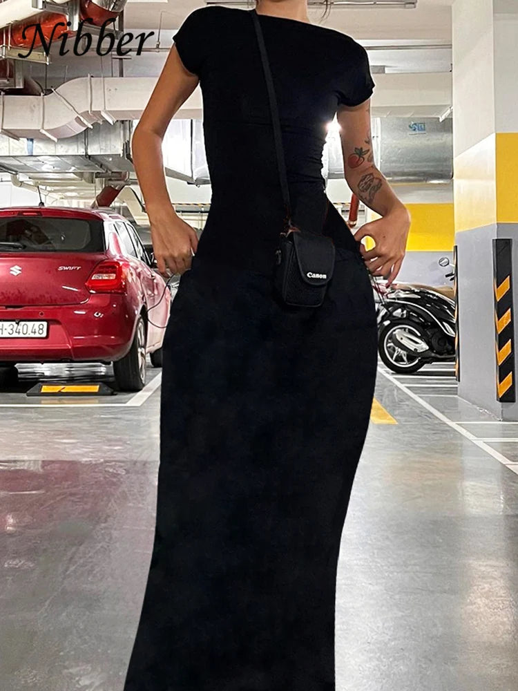 Vestido Maxi Nibber Sólido Sexy Sem Costas para Mulheres - Elegante, Elástico, Slim, Manga Curta, Vestidos Longos, Bodycon Feminino, Roupas de Streetwear