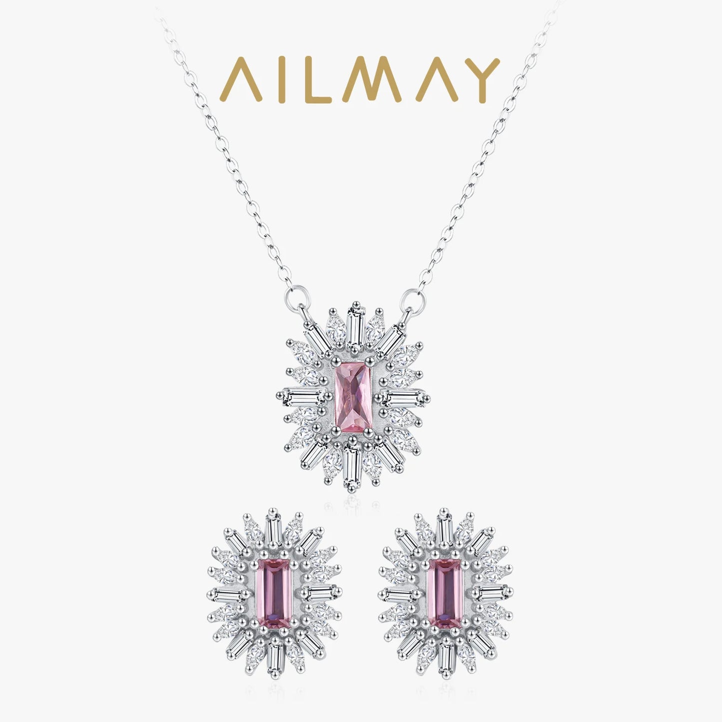 Conjunto de Jóias Românticas para Casamento Ailmay Luxuoso Colar e Brincos de Prata Esterlina 925 com Girassol Rosa Retangular para Mulheres