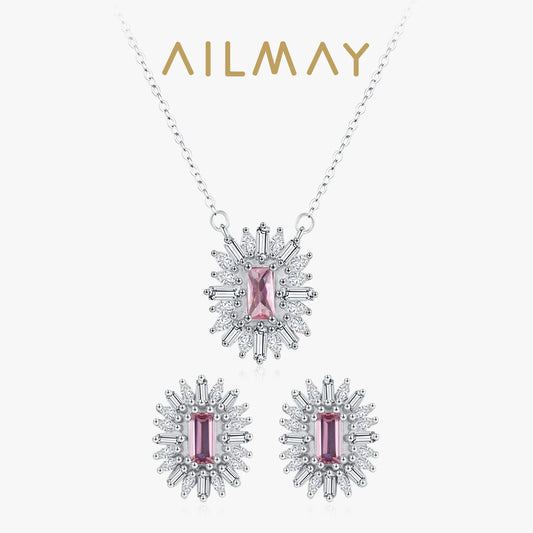 Conjunto de Jóias Românticas para Casamento Ailmay Luxuoso Colar e Brincos de Prata Esterlina 925 com Girassol Rosa Retangular para Mulheres