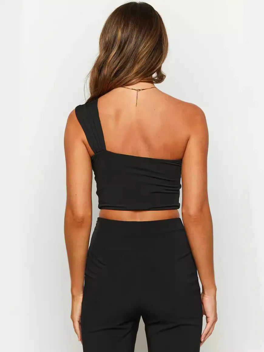 Blusa Curta da Mulher Sexy com Um Ombro Justa e Costas Abertas, Edição Nova 2024 para Balada