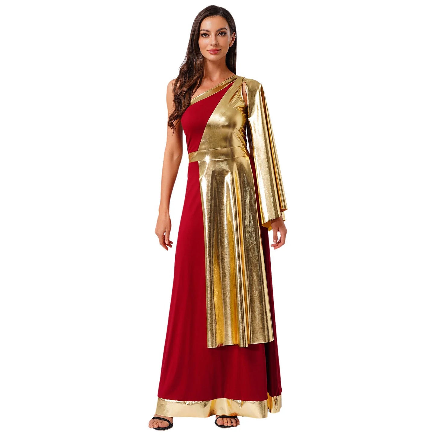 Vestido de Dança Lirica Cristã Feminina Fantasia de Halloween Vestido de Beleza Antiga Grega Romana Cosplay Túnica Tecido Metálico Brilhante Camada Toga