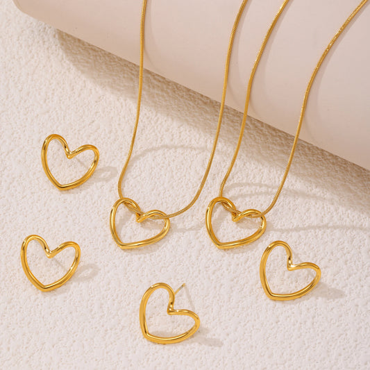 Conjunto de Joias de Luxo com Colar e Brincos de Pingente de Coração Bonito em Aço Inoxidável 316 com Revestimento de Ouro - Joias Impermeáveis para Mulheres, Presente de Joias