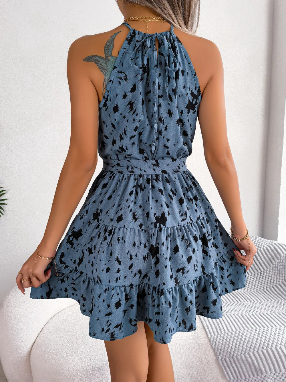Vestido de Verão Casual Sem Mangas com Estampa de Leopardo, com Ruffles, Sexy, Tipão Halter, para Praia, Estilo A-Line, Vestido Curto 2025