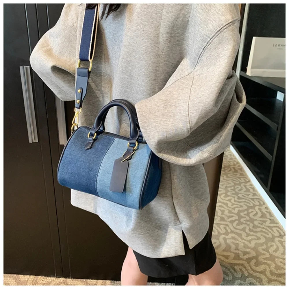 Cross Body Bags Casual Street Small Boston Bag 2025 Designer Purses Patchwork Colorblock Mini Handbags For Women Denim Shoulder