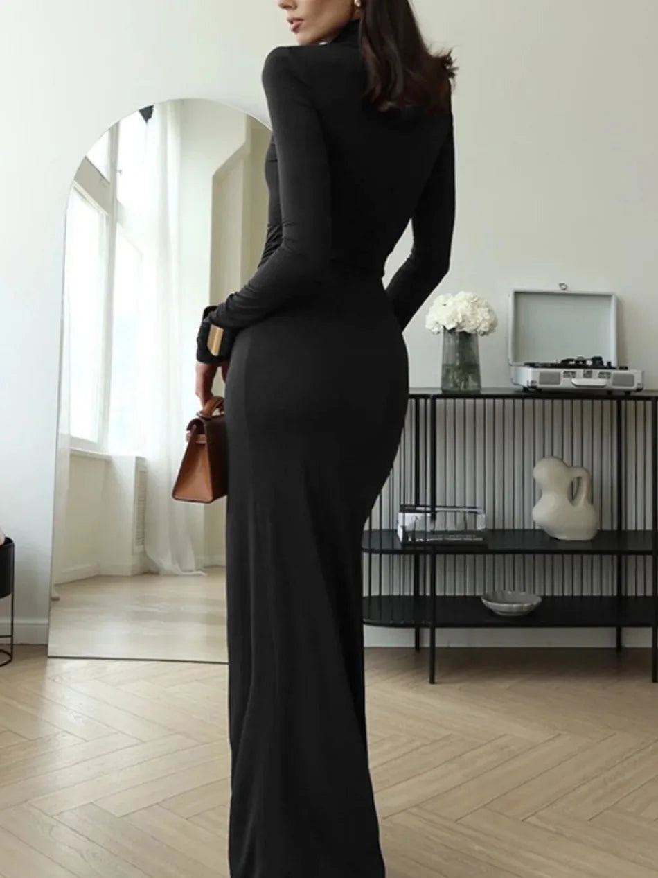 Vestidos Femininos Moda Outono e Inverno Vestido Sólido de Cor com Gola Alta, Manga Longa e Cinto na Cintura, Longo para Festas