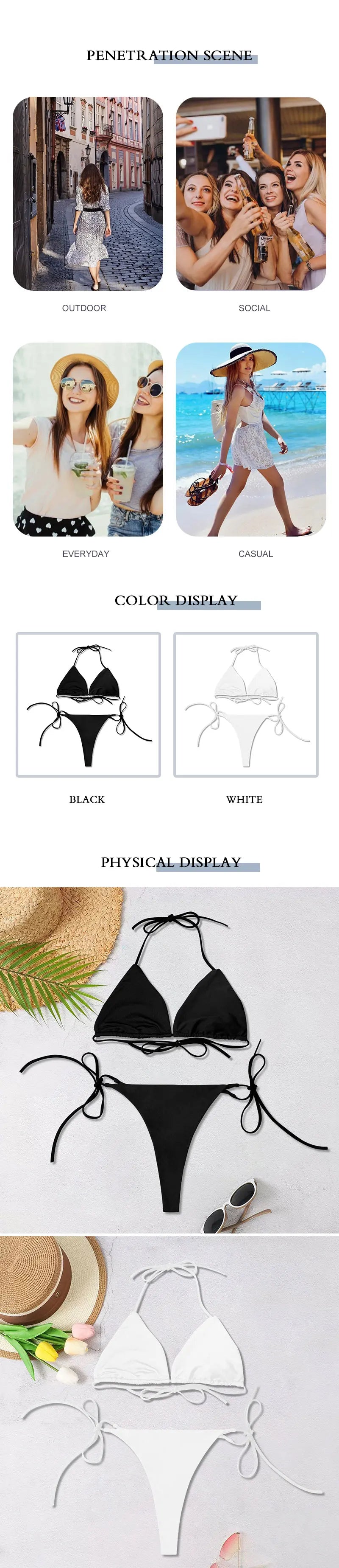 Maiô de praia feminino sólido 2025, em cores lisas, sexy, estilo halter, biquíni três peças, costas nuas, com ajuste e laço.