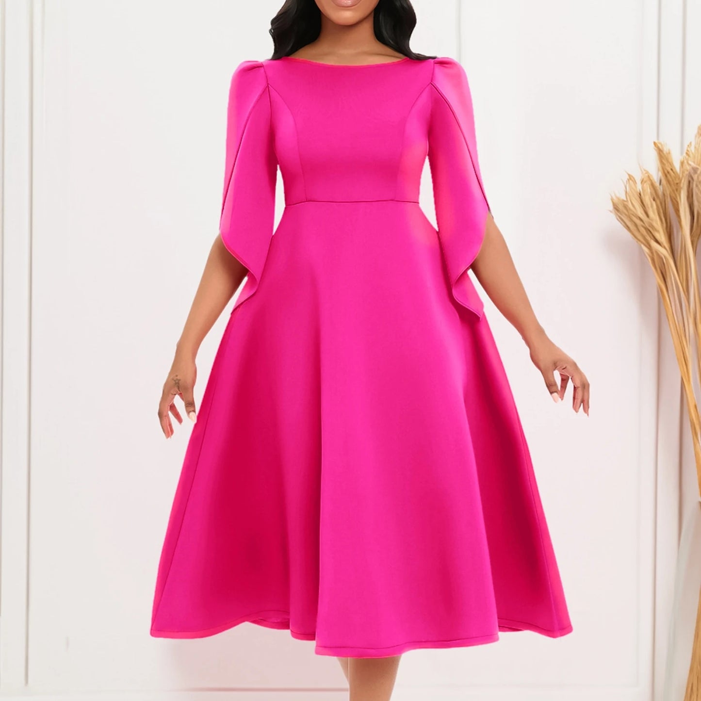 Vestido Feminino Elegante para Festa Vestidos de Verão em Cor Sólida Vestido de Noite com Decote Redondo Slim Vestido Feminino de Larga Amplitude com Comprimento Médio