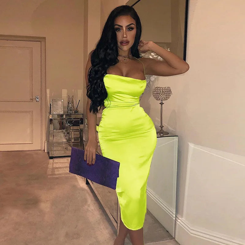 Vestido Midi Longo de Renda Cetim Neon Rosa Claro com Amarração nas Costas, Elegante, Sexy para Festas e Clubes, Roupas de Jantar de Verão 2022