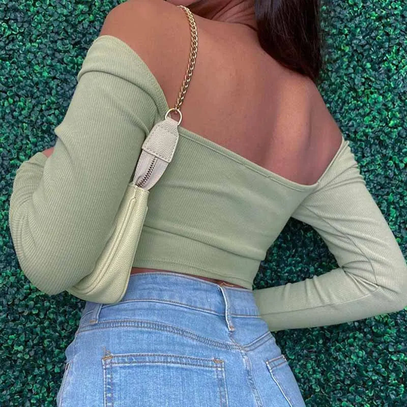 Blusa Cropped de Manga Longa com Decote em V Oco para Primavera e Outono - Moda Casual Feminina, Blusa Slim de Colarinho Quadrado em Malha Canellada, Camiseta Costas Nuas