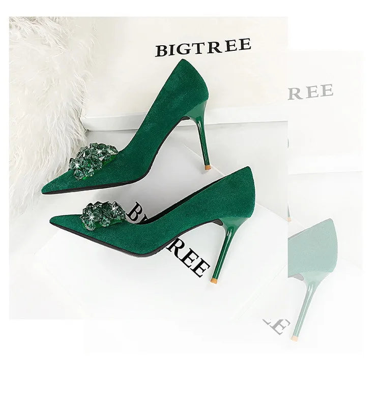 Sapatos BIGTREE 2025 Scarpin Feminino com Strass Laço Salto Alto Luxuoso Sapato de Banquete com Pedras Preciosas Salto Stiletto 9 cm Sapatos Femininos