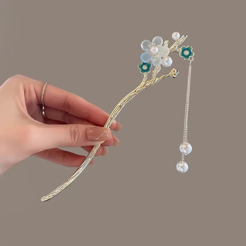 Pinhão de cabelo estilo chinês com hastes de metal, estilo antigo, com franja de orquídea, flor, tassel e acessórios para cabelo feminino.