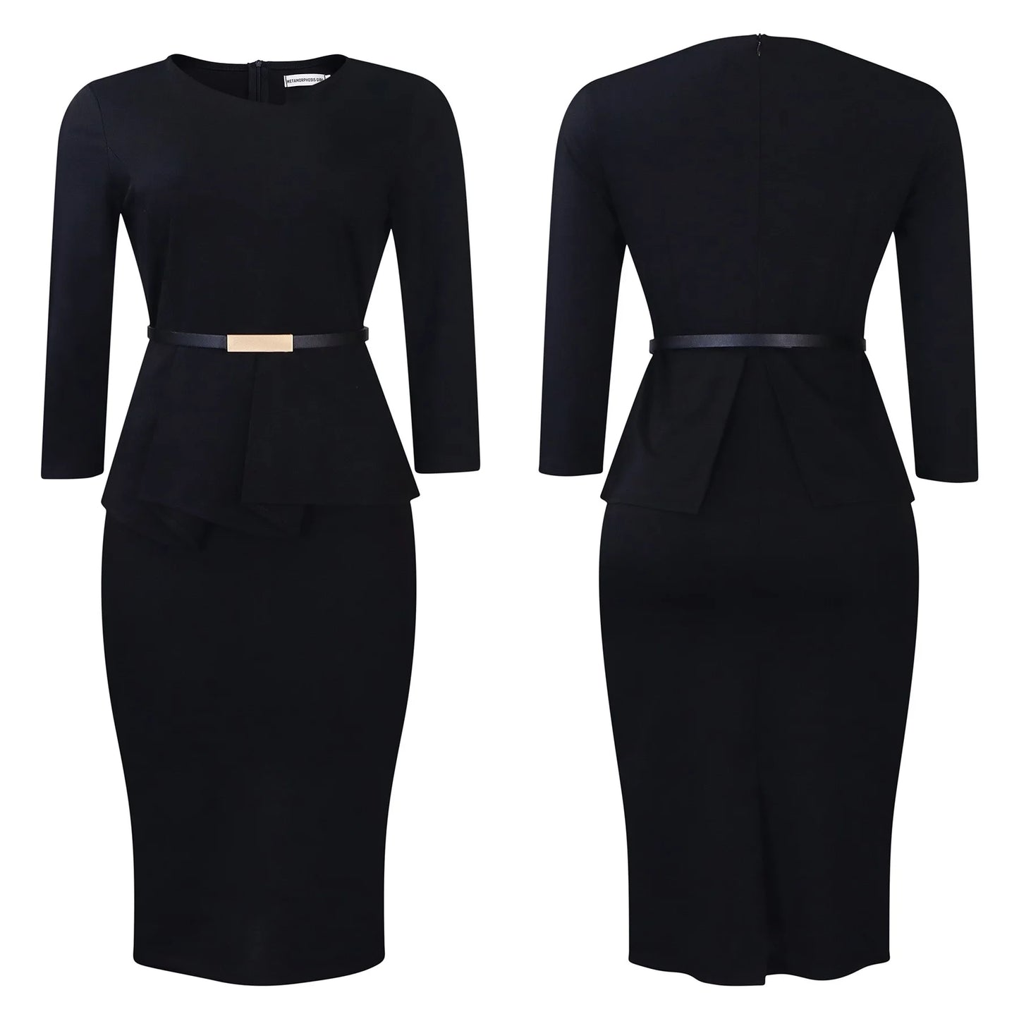 Vestido Formal para o Trabalho Feminino com Gola Assimétrica, Mangas Três Quartos, Cintura com Cinto, Silhueta Justa com Pacote de Quadris até a Panturrilha