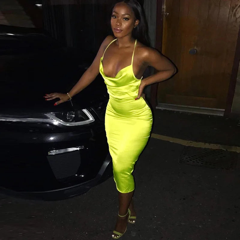 Vestido Midi Longo de Renda Cetim Neon Rosa Claro com Amarração nas Costas, Elegante, Sexy para Festas e Clubes, Roupas de Jantar de Verão 2022