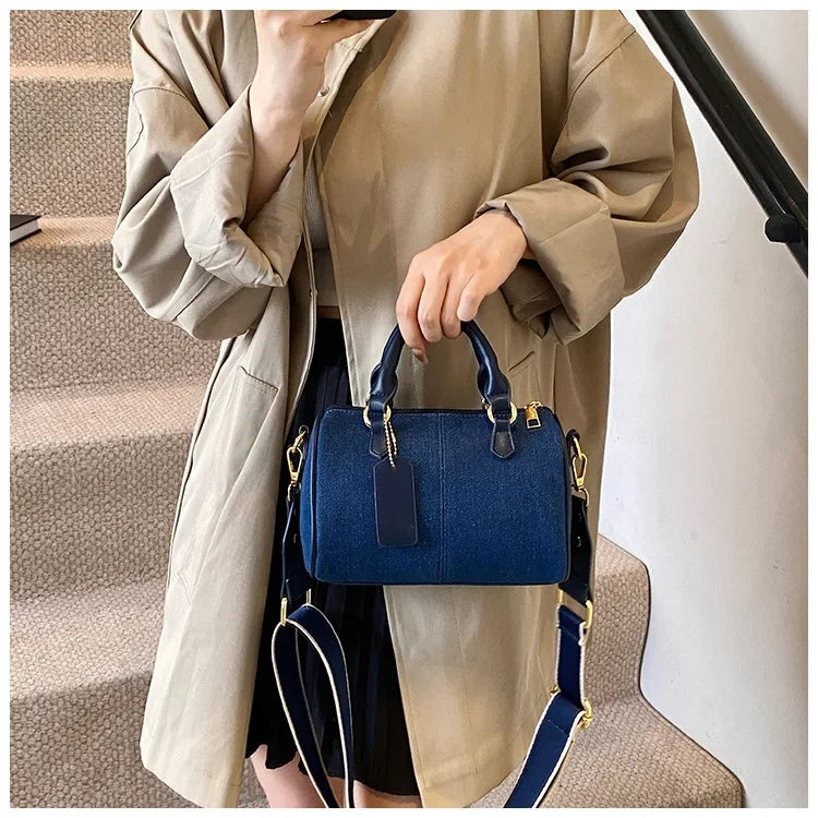 Cross Body Bags Casual Street Small Boston Bag 2025 Designer Purses Patchwork Colorblock Mini Handbags For Women Denim Shoulder