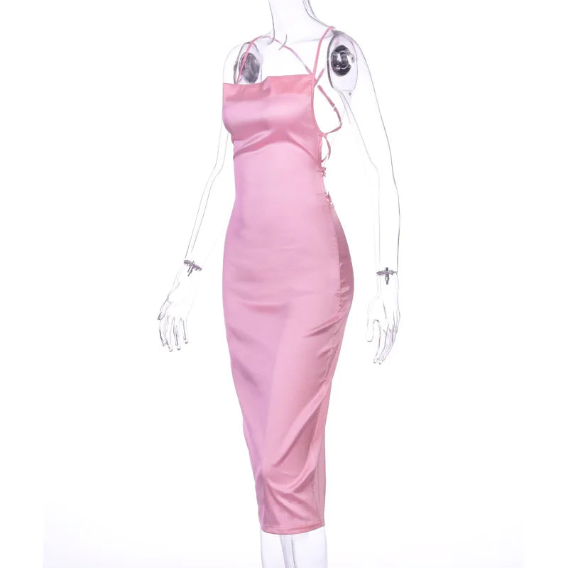 Vestido Midi Longo de Renda Cetim Neon Rosa Claro com Amarração nas Costas, Elegante, Sexy para Festas e Clubes, Roupas de Jantar de Verão 2022