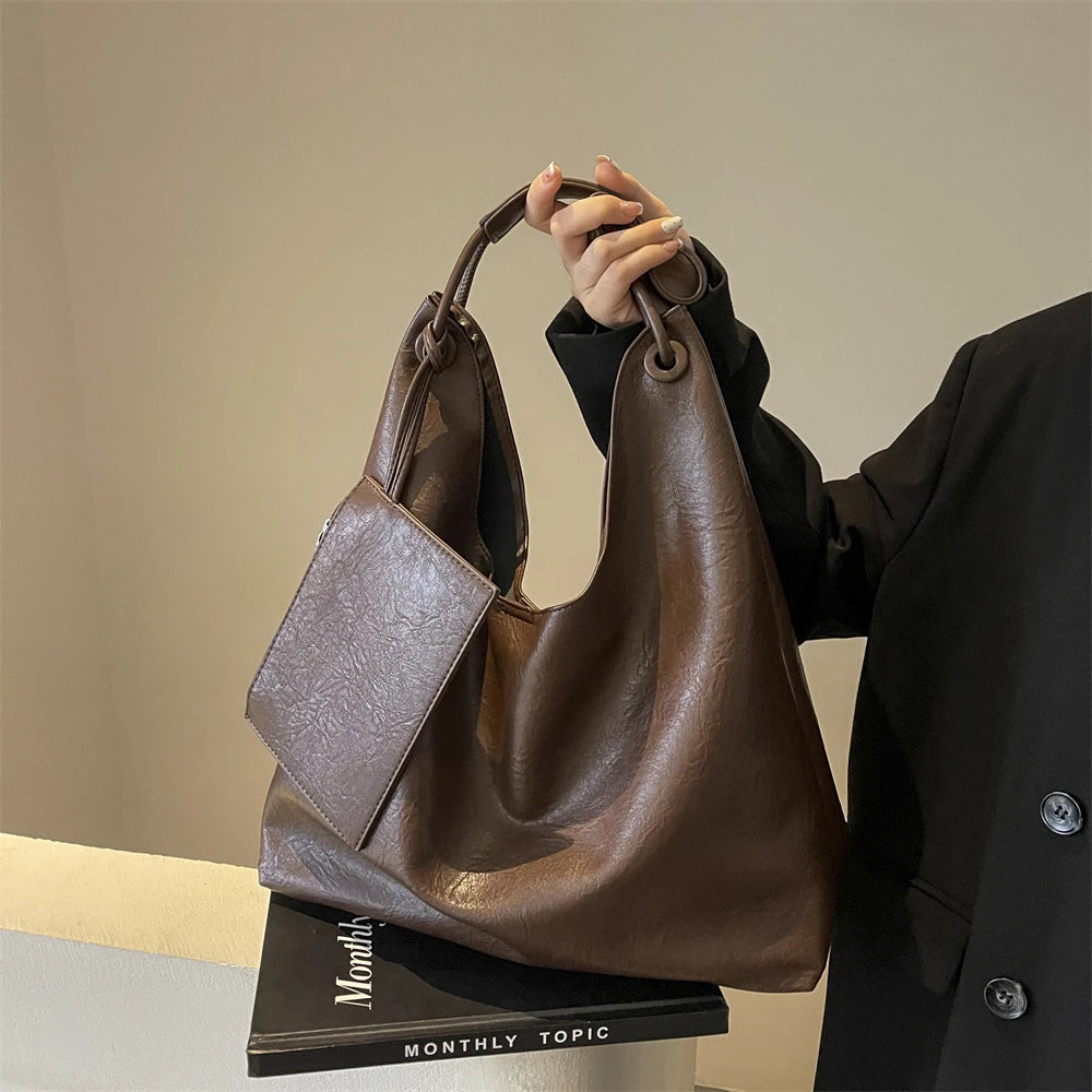 Burgundy 2-IN-1 Shoulder Tote Bags For Women Soft PU Leather Solid Color Large Capacity Shopping Hobo Bag With Coin Purse 2024