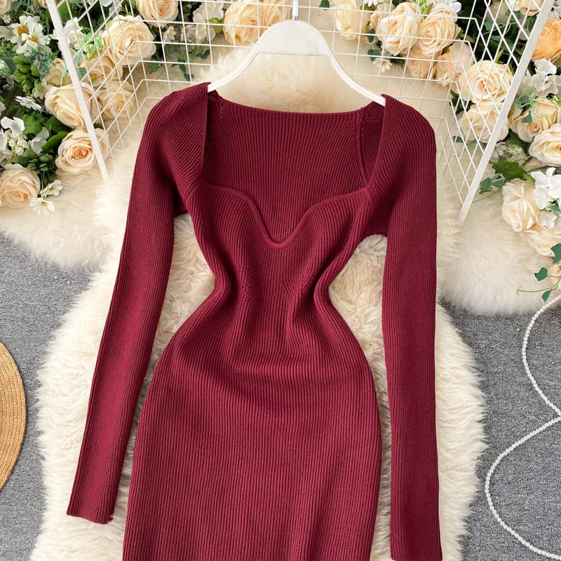 Vestidos para mulheres 2026 vestido justo sem alças em tricô canelado sexy, vestido de suéter midi de manga longa para o inverno