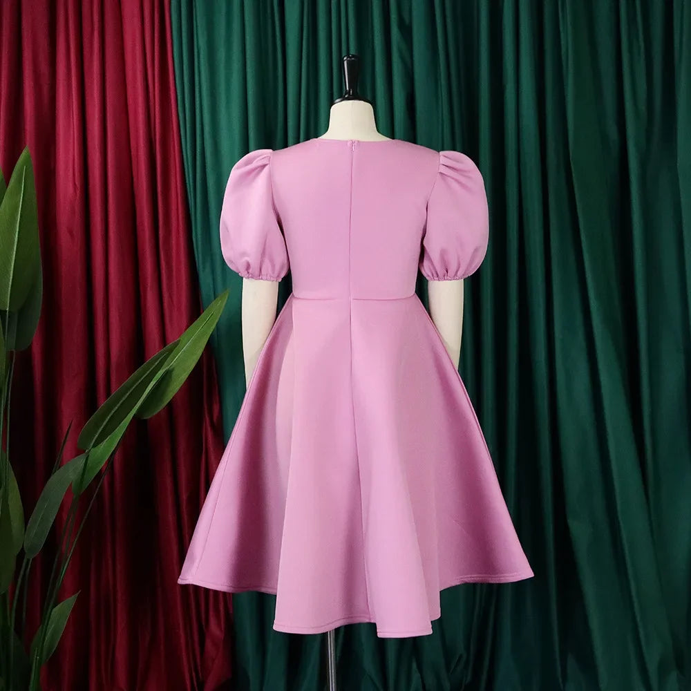 Vestidos Elegantes para Mulher 2024, Decote em O, Manga Curta, Cintura Alta, Pregas, Midi Luxuoso para Festas de Aniversário e Jantares