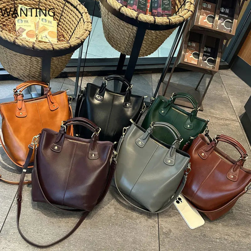 Genuine Leather Women's Tote Bag 2025 New Woman Shoulder Bags Fashion Cowhide Crossbody Bucket Bag Female Handbags 9258