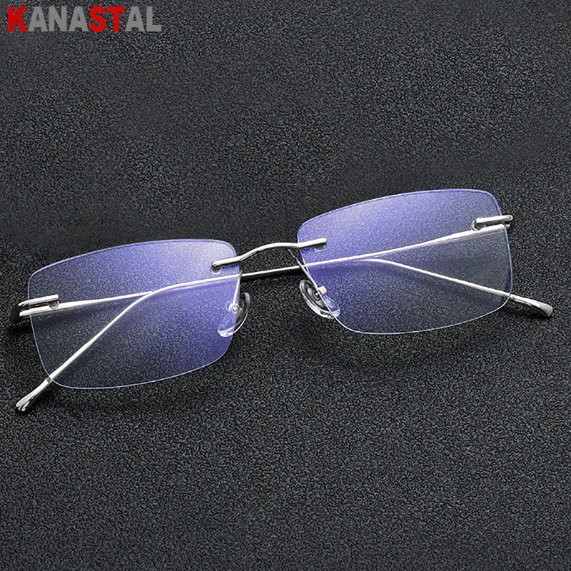 Óculos de leitura sem aro para homens, azul, com proteção contra luz azul, armação de metal, óculos de computador, lentes ópticas CR39 com receita.