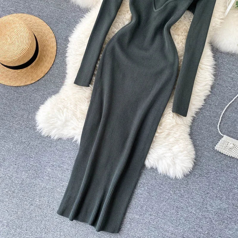 Vestidos para mulheres 2026 vestido justo sem alças em tricô canelado sexy, vestido de suéter midi de manga longa para o inverno