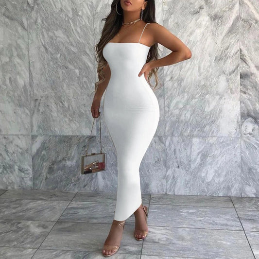 Vestido Preto Sexy de Verão para Mulheres Moda de Rua Sem Mangas Costas Expostas Liso com Alças Finas Justo Casual Roupas de Festa Elegantes