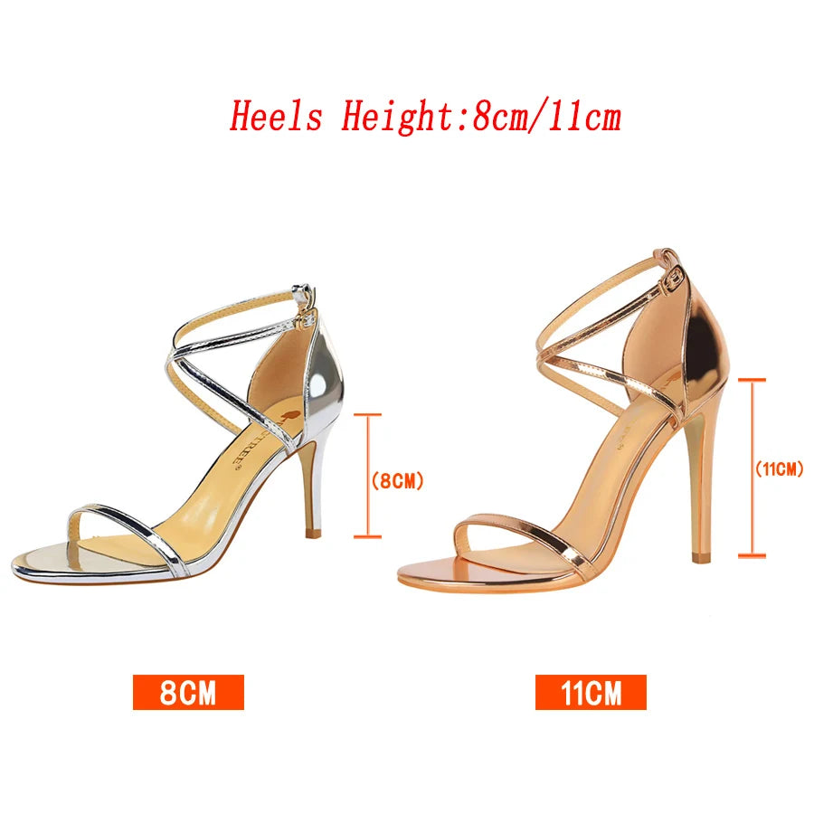 Sandálias gladiadoras femininas com salto alto de 8cm e 11cm, rasteirinhas de verão, sapatos stiletto de stripper em ouro champanhe.