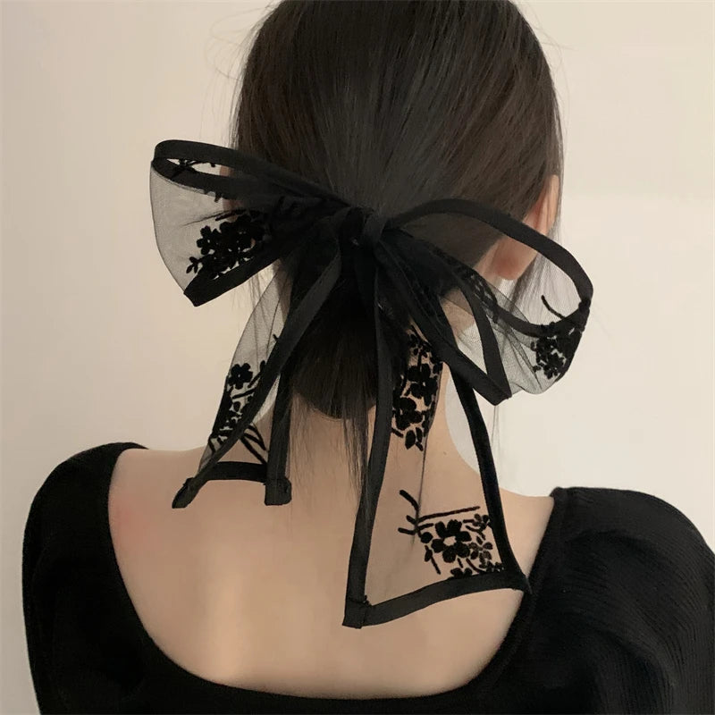 Lenço de Cabelo de Renda Retro Lystrfac Moda Francesa para Mulheres, Faixa de Cabelo com Bordado Preto, Laço Longo, Acessórios Vintage para Cabelo