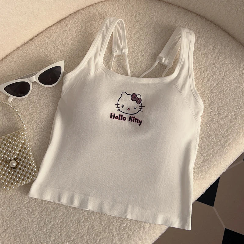Sanrio HelloKitty Roupas de Moda Y2K Top com Almofada de Seio Top Bonito Para Meninas Verão Top Cropped Branco Sexy Suspensório Presente Para Menina