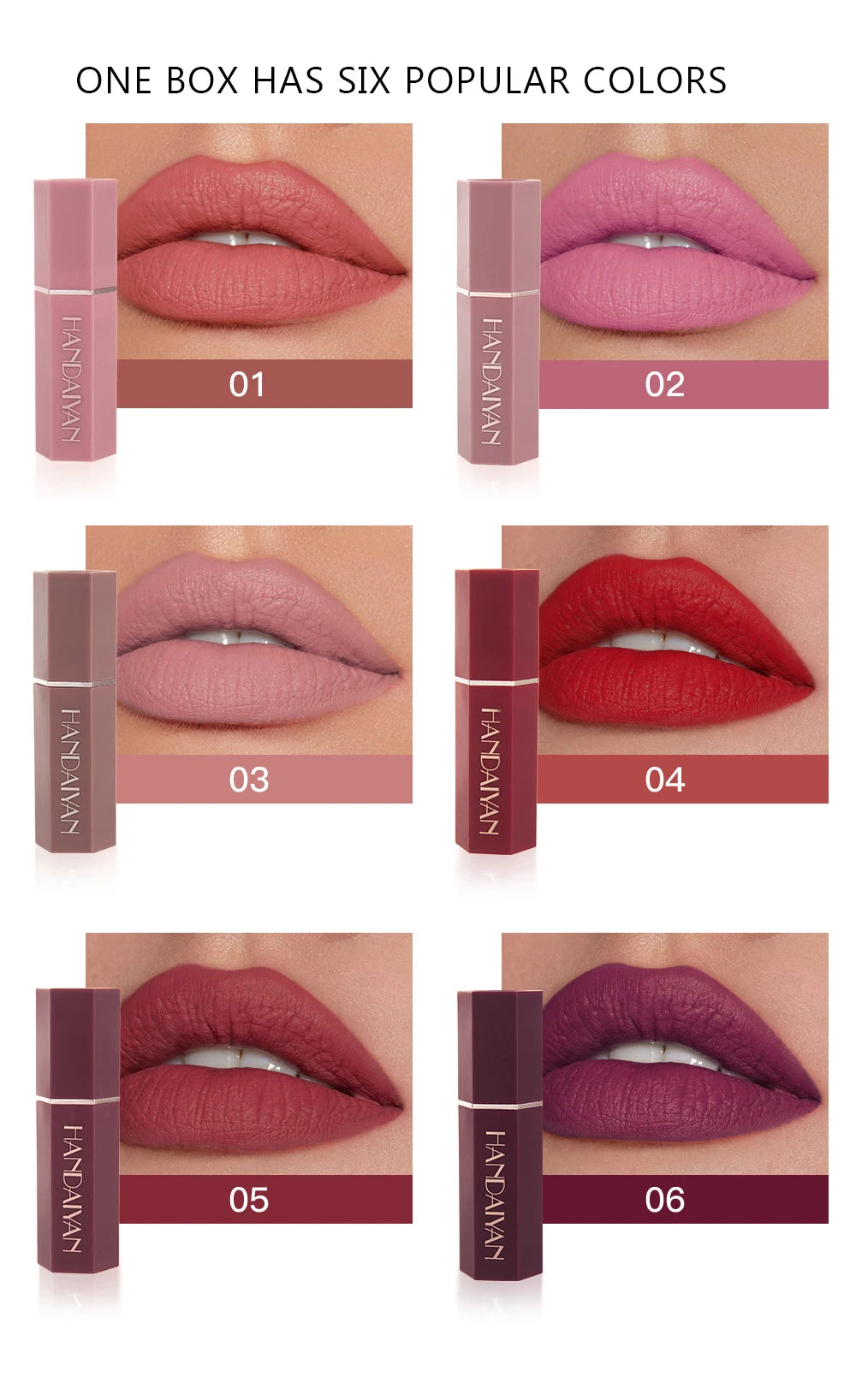 Batom Matte em 6 Cores, Sem Desbotar, Não Gruda no Copo, Acabamento Veludo de Longa Duração, Cor de Lábios Matte Suave e Resistente à Água, à Prova de Borro