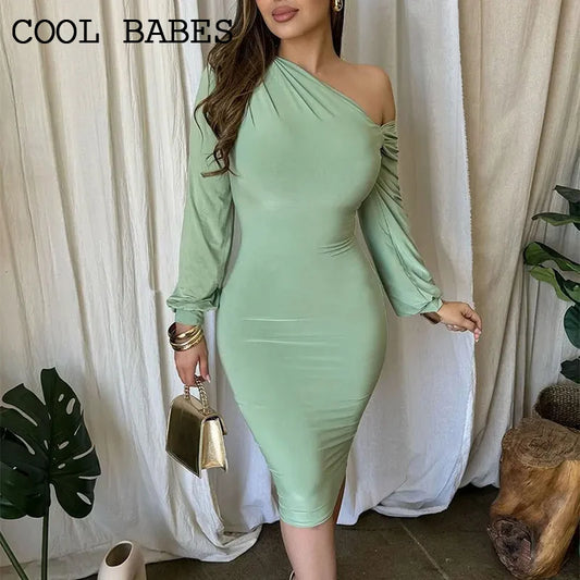Vestidos Femininos Elegantes para Festa Primavera Sólidos Sexy com Manga Longa Vestido Bodycon Moda Nova Streetwear Vestido Feminino com Gola Diagonal
