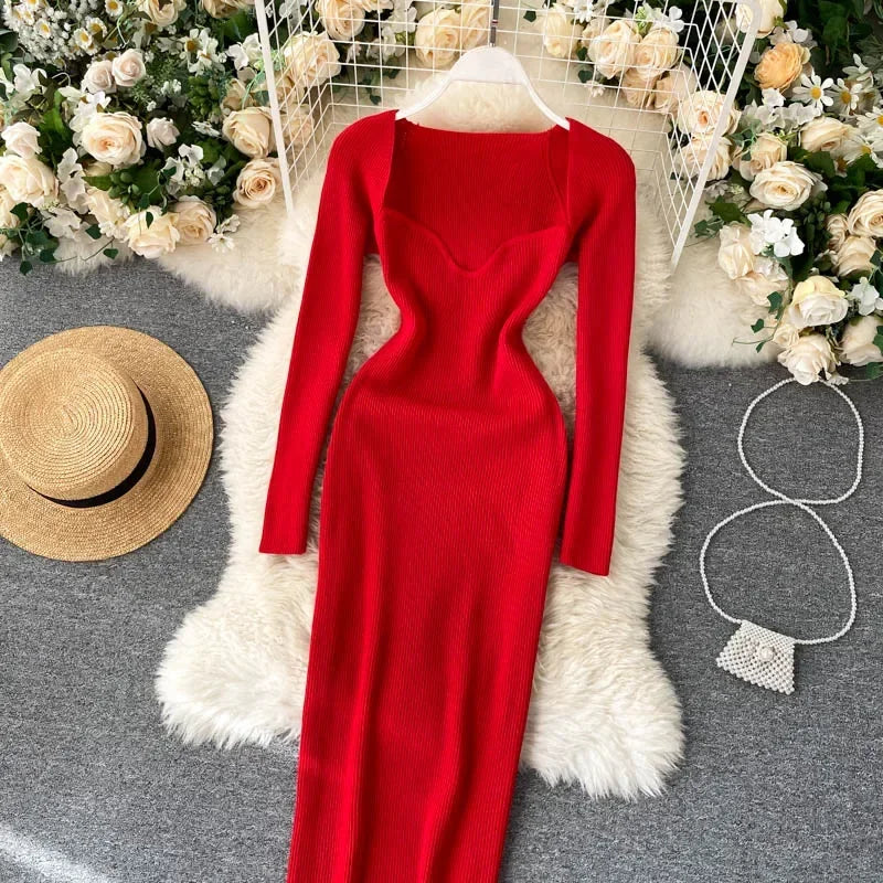 Vestidos para mulheres 2026 vestido justo sem alças em tricô canelado sexy, vestido de suéter midi de manga longa para o inverno