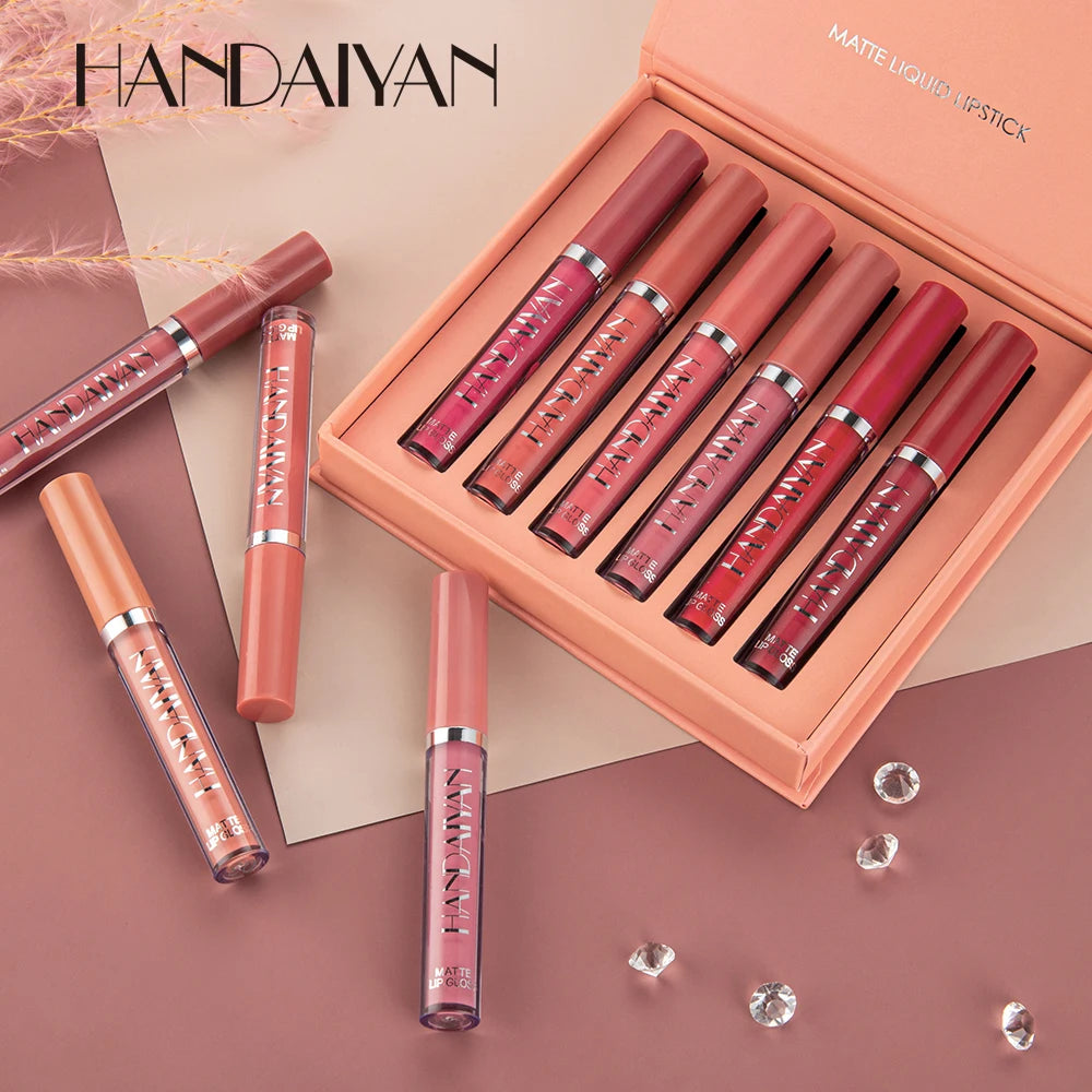 Conjunto HANDAIYAN com 6 Batons Líquidos Não Grudentos, Caixa de Presente de Brilho Labial de Longa Duração – Brilho Labial com Acabamento Fosco, Resistente ao Desgaste