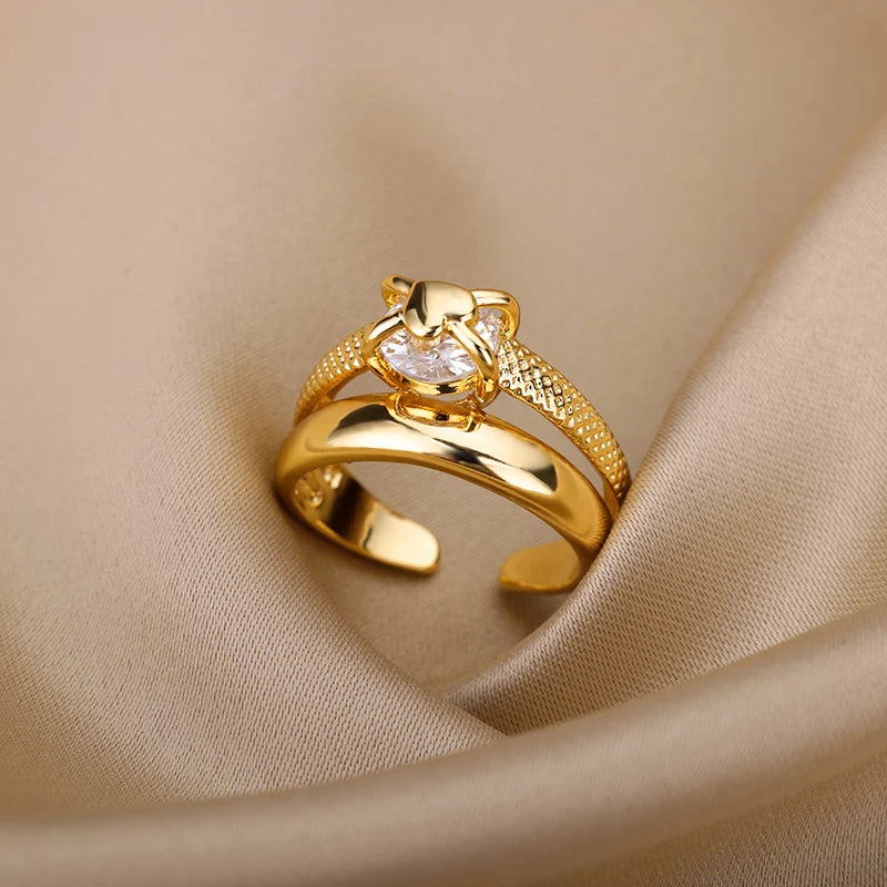 Anéis Abertos de Coração de Zircônia para Mulheres Amantes Cor Dourada em Aço Inoxidável Anel de Noivado de Casamento Joia para o Dedo Feminino Presente 2024 Novo