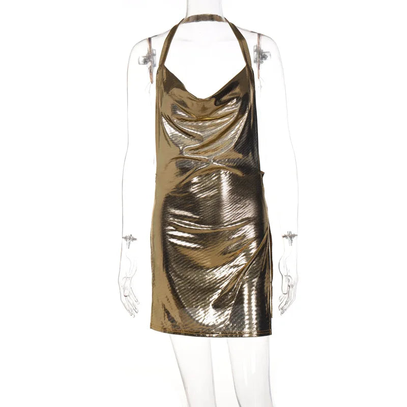 Vestido curto elegante e sexy para mulheres, com decote em V, costas nuas e detalhes de lantejoulas, perfeito para festas e dança.