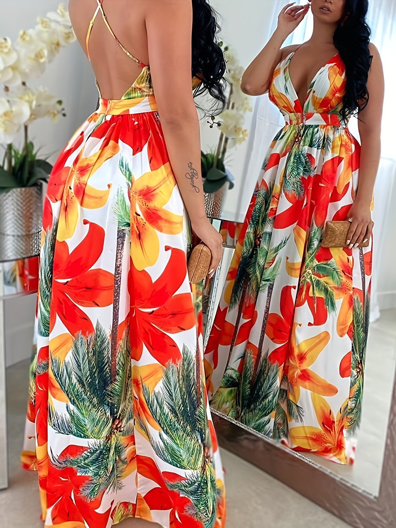 Floral Print Plunging Dress, Vacation Backless Maxi Sleeveless Dress, Women's Clothing
