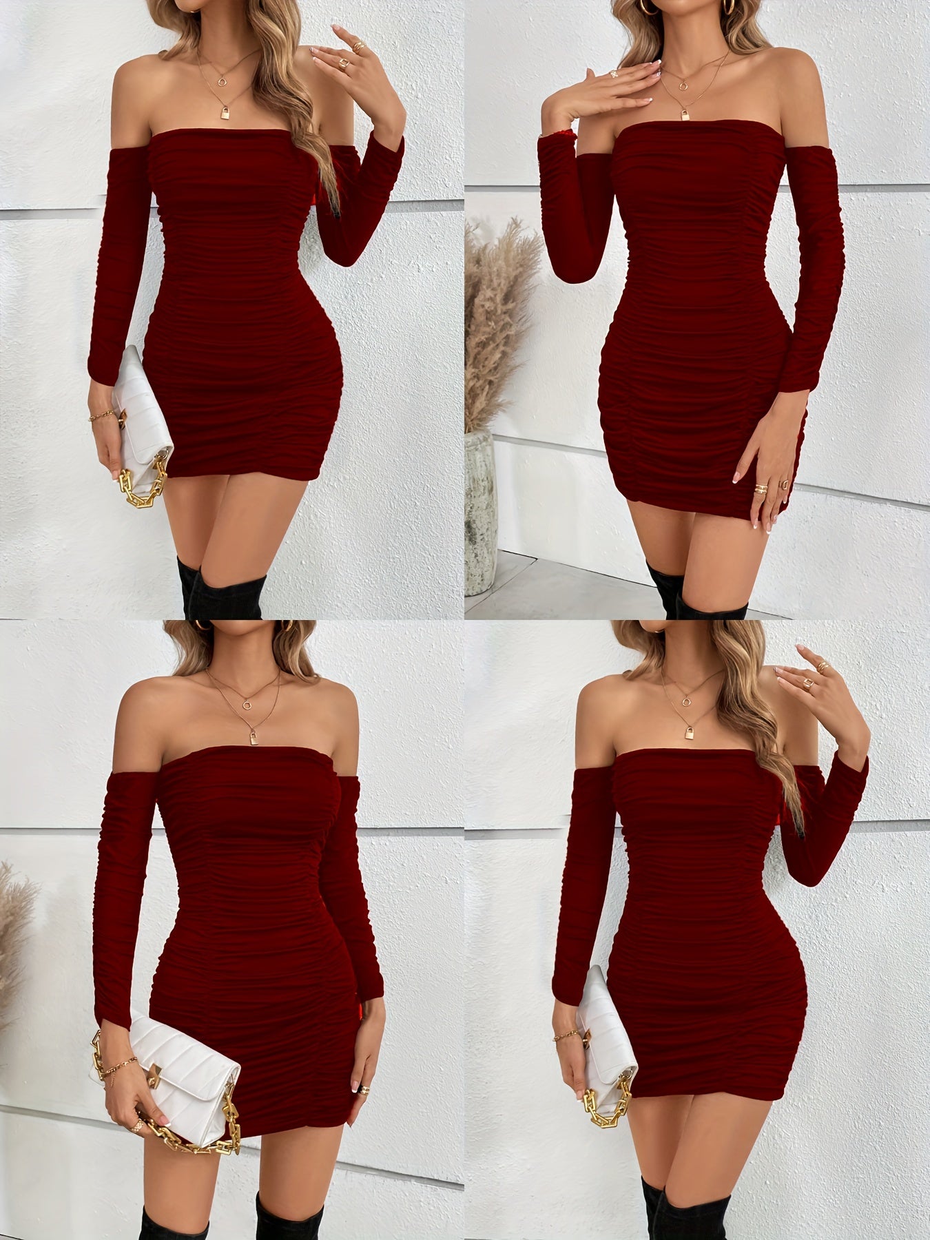 Solid Off Shoulder Long Sleeve Ruffled Dress, Sexy Elegant Bag Hip Mini Dress, Women's Clothing