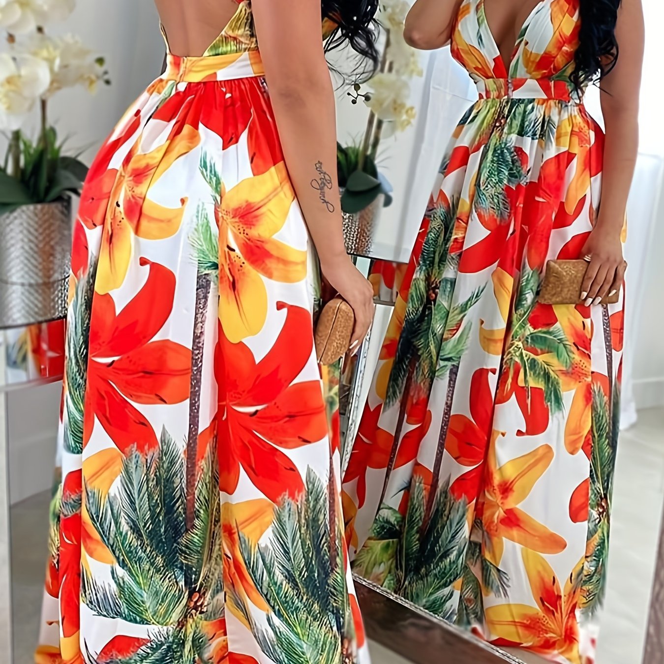 Floral Print Plunging Dress, Vacation Backless Maxi Sleeveless Dress, Women's Clothing