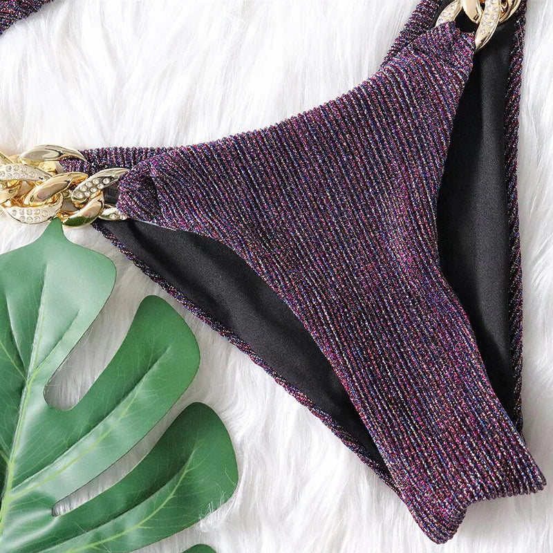 Biquíni de Cadeia de Halter com Diamante de Strass para Mulheres, Roupa de Banho Feminina, Conjunto de Biquíni com Duas Peças, Roupa de Banho Brasileira