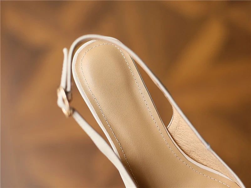 Meotina Sapatos Slingback Femininos em Couro Genuine com Fivela, Salto Fino, Bico Fino, Salto Médio para Mulheres, Calçados de Primavera