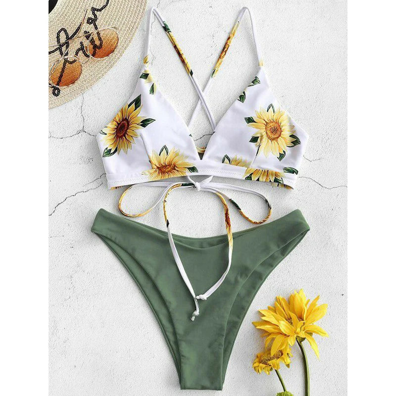Conjunto de Biquíni Estampado de Girassol - Moda de Praia Sexy para Mulheres 2025 - Biquíni com Push Up e Almofada - Roupas de Banho - Maiô - Biquíni
